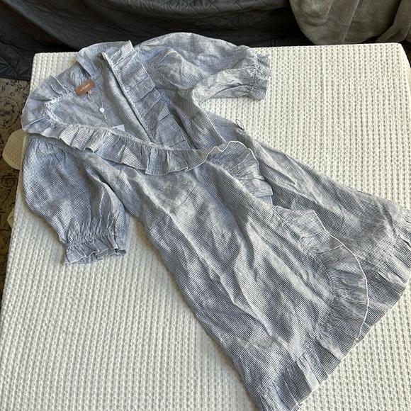 Kate Leigh Blue Linen Stripe Railroad Mini Wrap Dress Size Large NWT - Picture 1 of 10